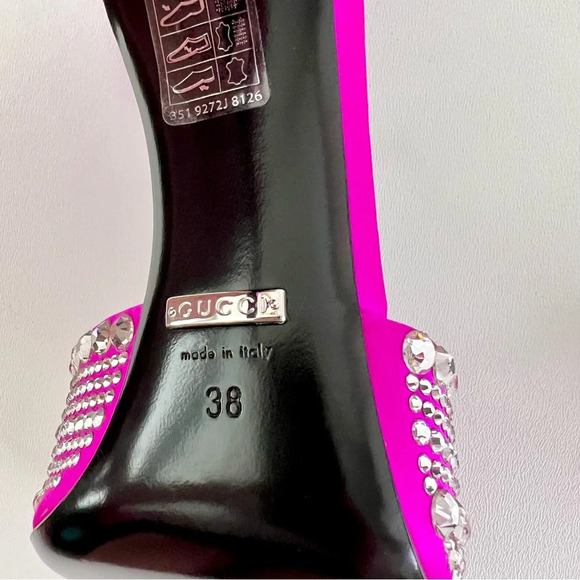 New GUCCI Crystal GG Embellished Hot Pink Fuchsia Satin Heel Sandal Ankle Strap - Picture 12 of 14